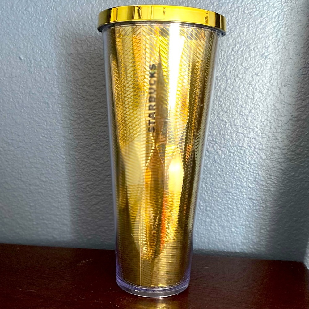 STARBUCKS COFFEE COMPANY GOLD METALLIC CUP TUMBLER 24 oz BPA FREE Gold 2…